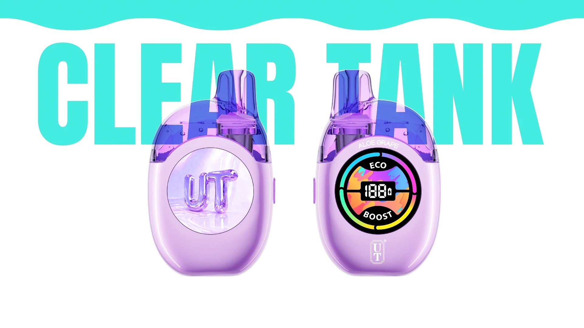 Flum UT Bar Clear Tank 50K transparent disposable vape, two device angles with ECO and BOOST display